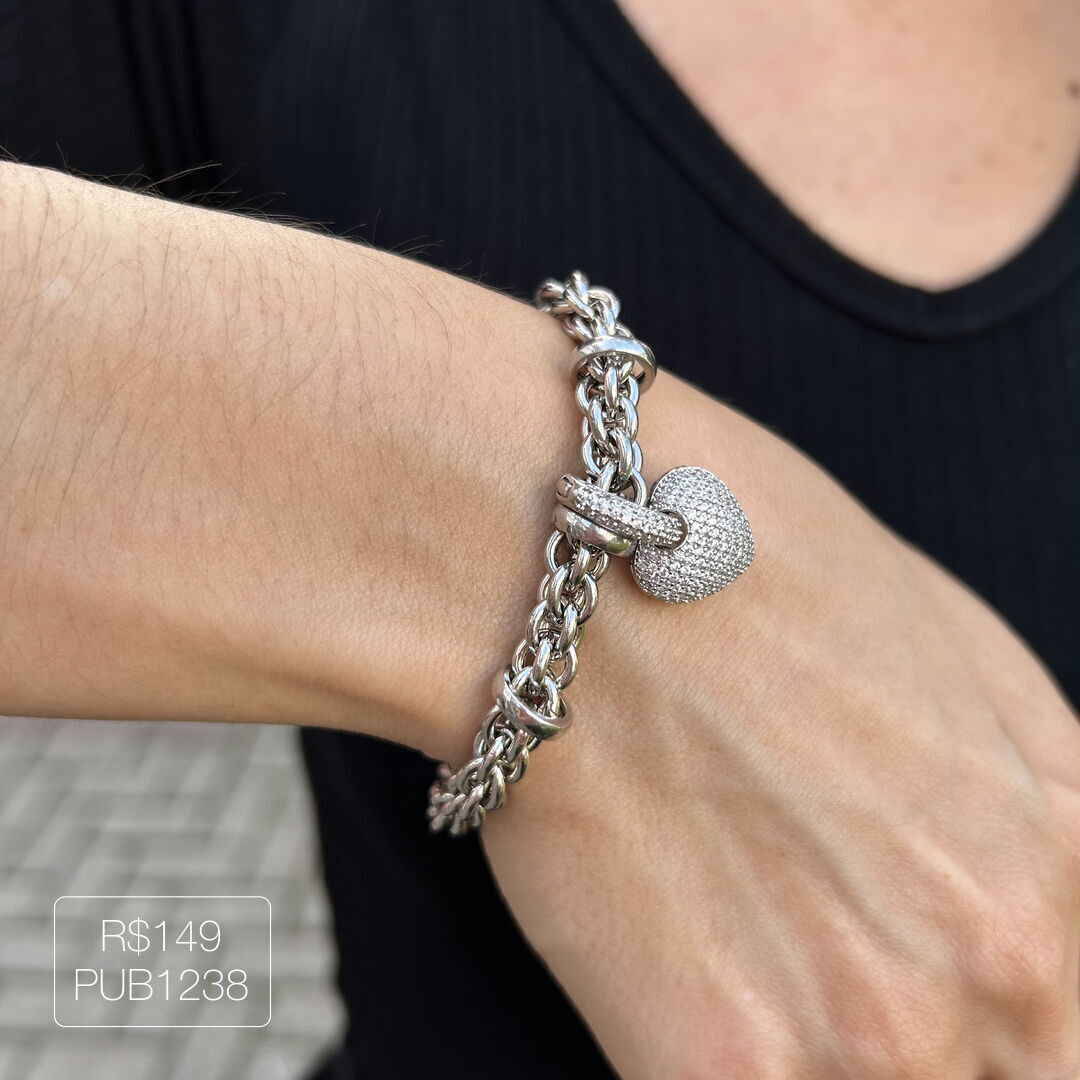 Pulseira de Coração Cravejado c/ Elos Lisos Cristal Ródio